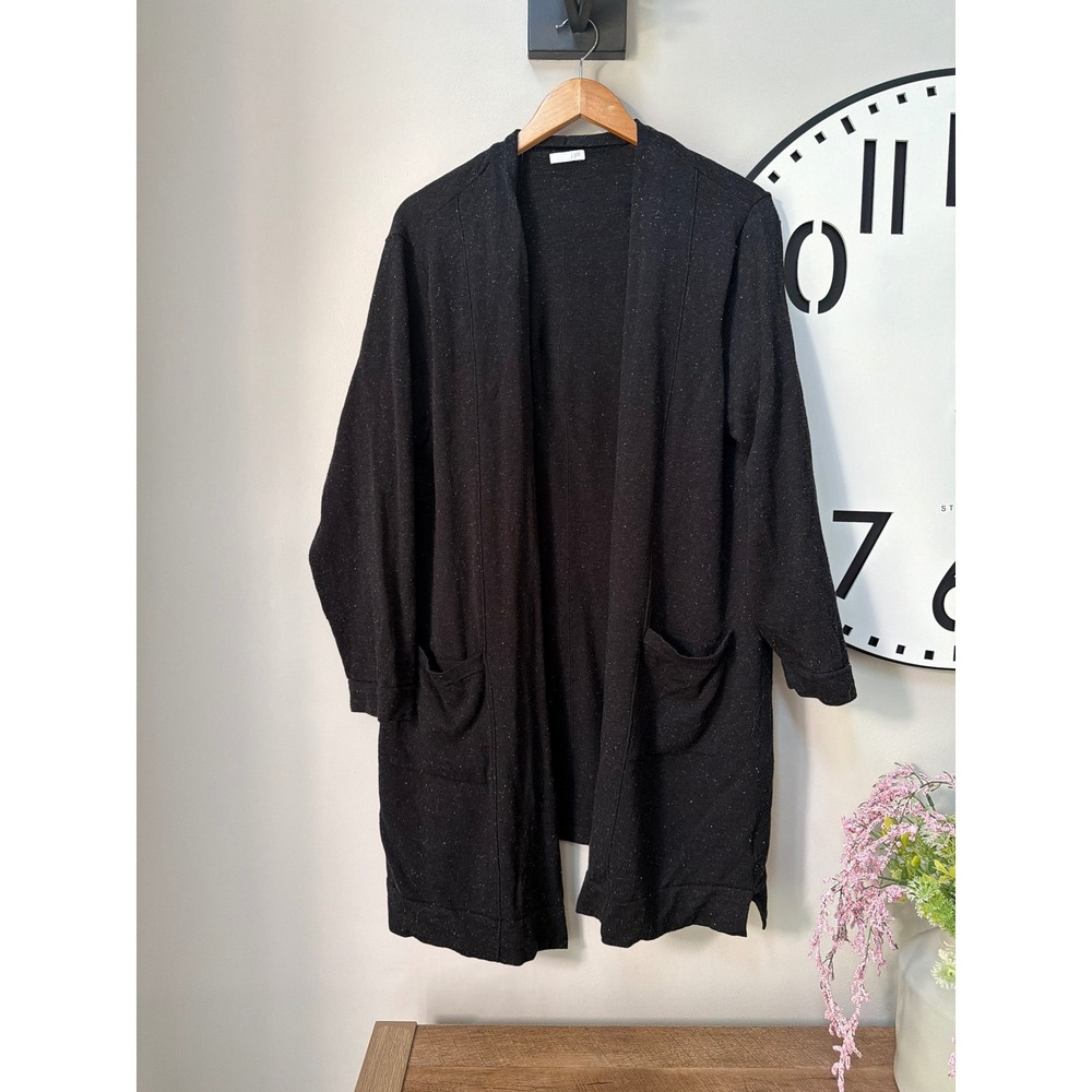 J. Jill Open Front Duster Cardigan Womens Large Long Sleeve Black Linen Blend